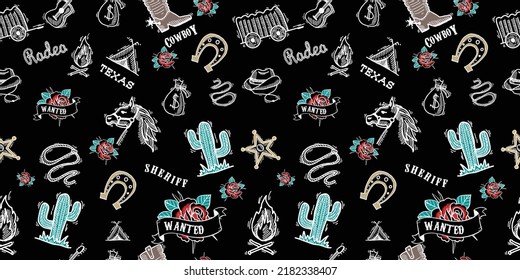 Artwork black background color, seamless design. Wild west, cowboy, country art, seamless pattern design, surface design