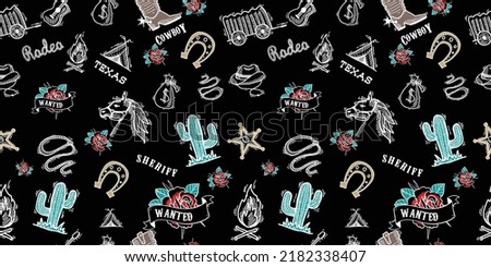 Artwork black background color, seamless design. Wild west, cowboy, country art, seamless pattern design, surface design