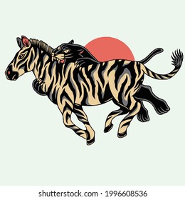 artwork black panther biting zebra vector illustration