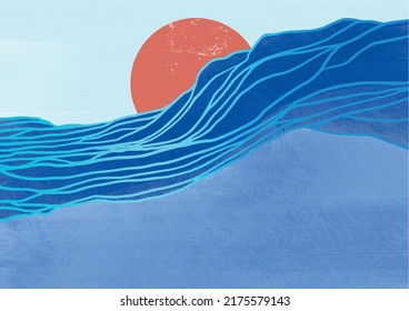 Pintura de olas oceánicas azules texturas y sol de color naranja