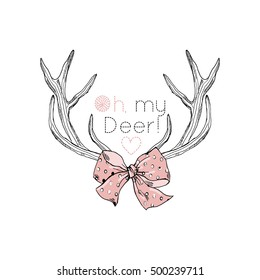  artwork with bow, deer horns and quote, oh my deer, hand drawn style