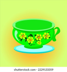 Artwork bright green mug cup with tea, coffee, chicory, herbal drink on a gradient yellow background. Vector image. Pattern on a flower mug. empty cup