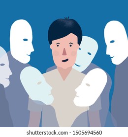 Artwork of business man surrounded by anonymous masks. Conceptual vector illustration of imposed opinion of people around.