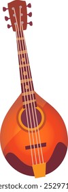 The artwork captures a beautifully designed mandolin with a warm orange hue and detailed craftsmanship highlighting its strings and rounded body.