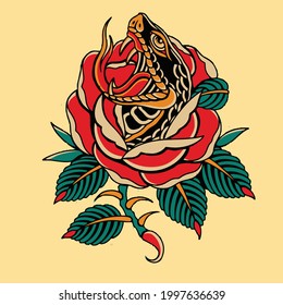 artwork cobra with red rose vector illustration design