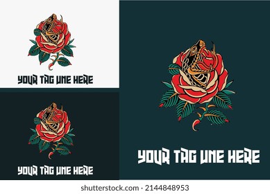 artwork cobra with red rose vector illustration design