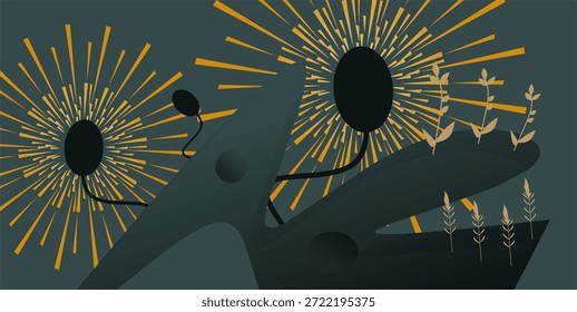 Obra de arte que combina plantas abstractas, rayos de sol y tonos terrosos. Un estilo visual moderno que simboliza crecimiento, energía y armonía con la naturaleza en un enfoque de diseño contemporáneo.