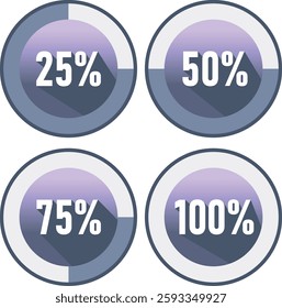 The artwork consists of four circular progress indicators with percentages: 25%, 50%, 75%, and 100%. Each indicator has a gradient color scheme with shades of blue and purple 