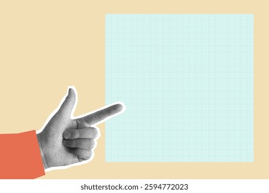 Artwork contemporary collage design of human arm hand gesture and school notebook paper area for text