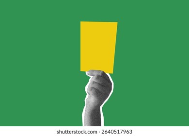 Artwork contemporary collage design of soccer referee arm holding yellow card