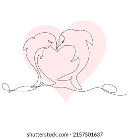 Artwork with couple of dolphin in love, hand drawn editable stroke. Continuous linear template. Vector illustration.