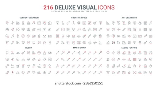 Artwork creation, creativity and visual design tools, hobby for leisure line icon set. Creative graphics and authors ideas, paintbrush, palette thin black and red outline symbols vector illustration