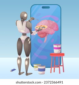 Creación de ilustraciones con ilustración vectorial de aplicación de teléfono móvil. Dibujo de un personaje de un robot que pintaba una imagen digital creativa del cerebro humano con pinturas y pinturas en la pantalla del smartphone, arte generado por IA