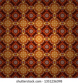 Artwork for creative design, art and entertainment. Seamless pattern in fractal design. It is executed in red, orange and brown colors. Vector beautiful mandala.