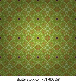 Artwork for creative design, art and entertainment. Seamless pattern in fractal design. Vector beautiful mandala. It is executed in orange, neutral and green colors.