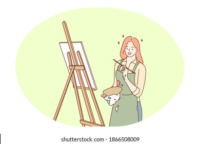 Artwork, creative professions, occupation concept. Young smiling woman professional painter artist drawing and making artwork for sale in studio. Job specialist, working sphere illustration