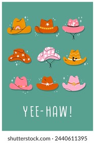 Artwork with cute cowboy hats with different ornaments, cactus, horseshoe, stars. Great gift for real Cowboys and girls. Hand drawn illustration