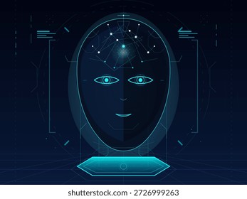 Das Kunstwerk zeigt ein digitales Gesicht mit leuchtenden Elementen und geometrischen Formen auf dunklem Hintergrund. Sie steht für Technologie und künstliche Intelligenz.
