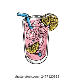 Artwork depicts a glass of pink lemonade with ice, lemon slices, and a blue straw, symbolizing a refreshing drink