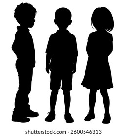 The artwork depicts the isolated full body silhouettes of three children standing in a line against a white background. 