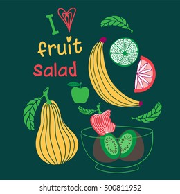 Artwork design about salad with fresh fruits. Fruit salad ingredients