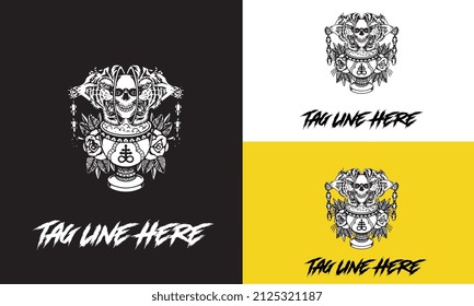 artwork design of abstract skull and flower vector design black and white