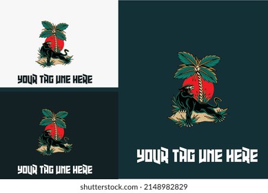 artwork design of black panther and palm vector illustration