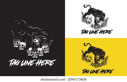 artwork design black and white of panther and head skull vector