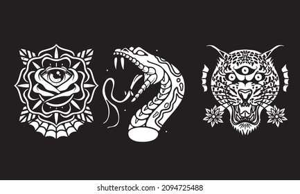 artwork design black and white of rose , snake and head cheeta vector illustration