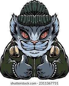 Artwork design of a cat wearing a cool beanie and jacket with both hands pointing up