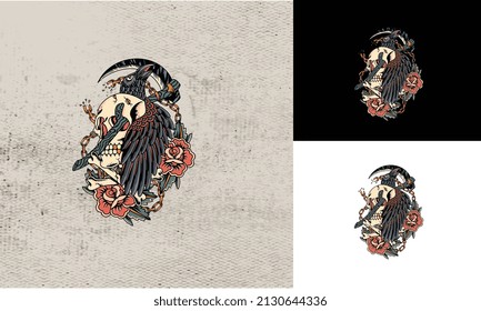 artwork design of crow and head skull vector illustration