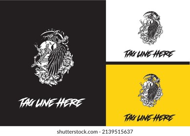 artwork design of Crow and head skull vector black and white