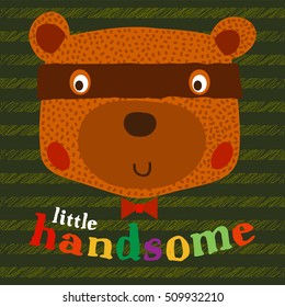Artwork design with a cute little teddy bear playing with a mask and wearing a bow tie. T-shirt apparel print graphics. Original graphics for striped fabric