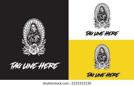artwork design of devil skull and flower vector design black and white