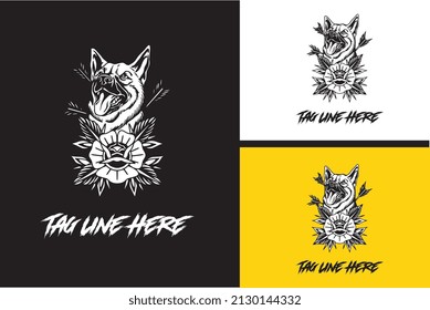 artwork design of dog and rose flower vector black and white