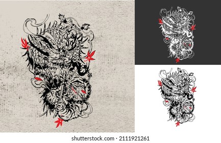 artwork design of dragon fighting with tiger vector black and white