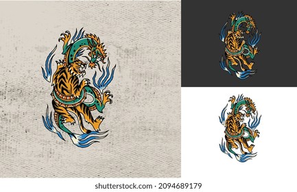artwork design of dragon and tiger fighter vector illustration design