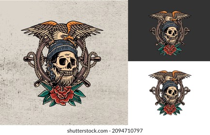 artwork design of eagle and head skull and red rose flowers vector illustration