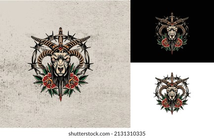 diseño artístico de ilustraciones vectoriales de cabra y flor roja