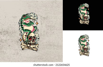 artwork design of green frog and head skull vector design