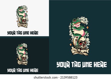 artwork design of green frog and head skull vector design