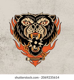 artwork design head of black bear and flames vector illustration