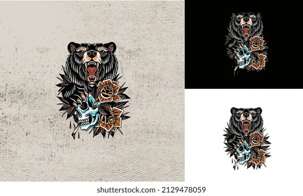 artwork design of head black bear and head skull vector illustration