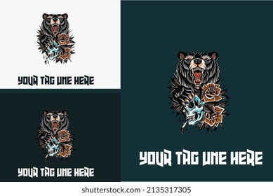 artwork design of head black bear and head skull vector illustration