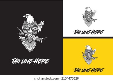 artwork design of head demon and eagle vector black and white