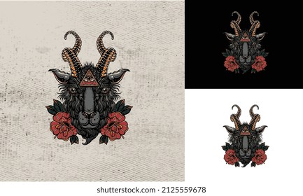 artwork design of head goat with red rose flower vector