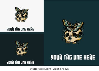 artwork design of head skull and butterfly vector