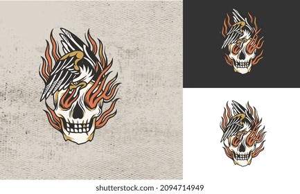 artwork design of head skull and eagle and flames vector illustration
