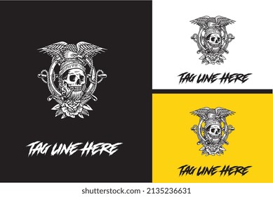 artwork design of head skull and eagle vector black and white