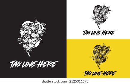 artwork design of head skull with flower vector design black and white